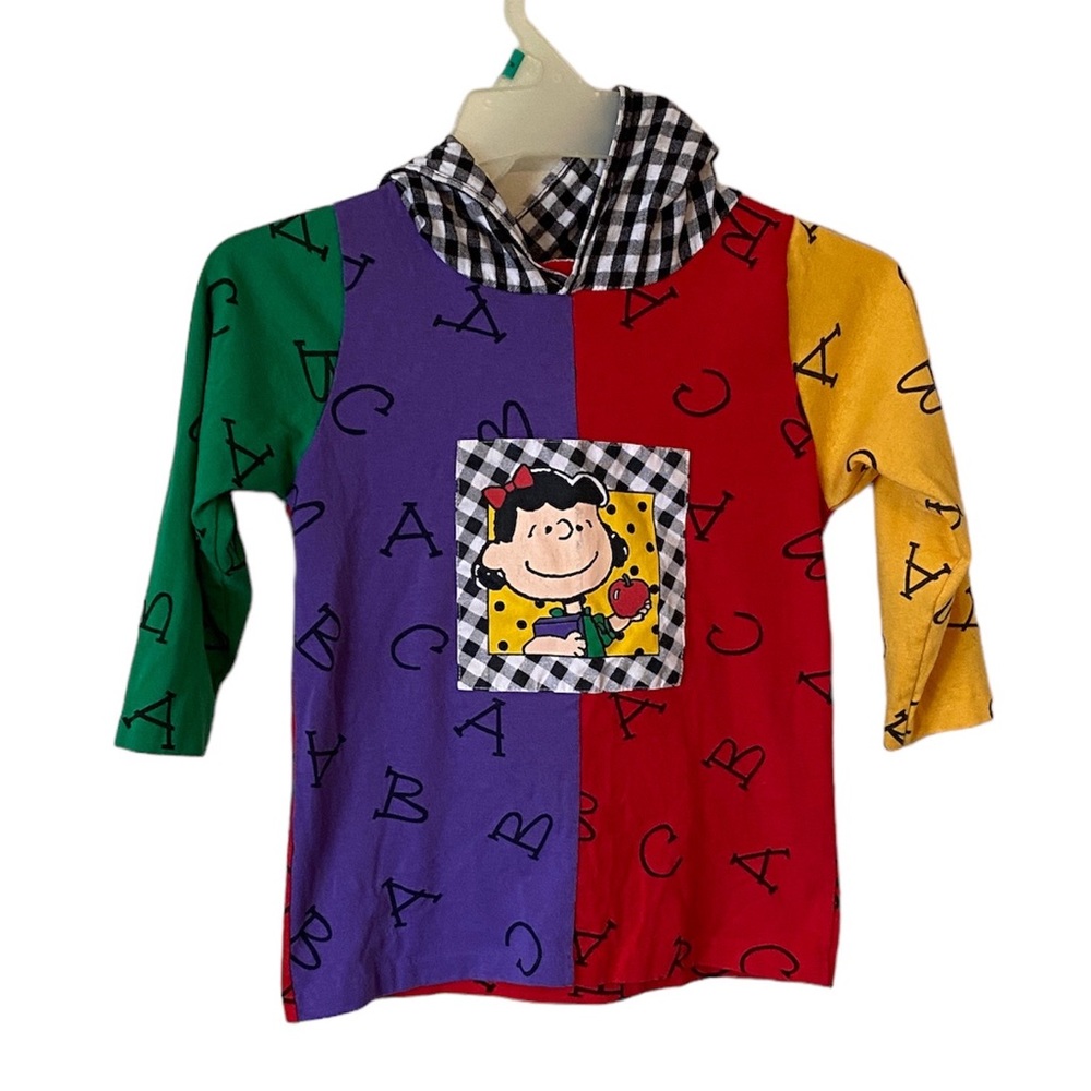 VTG Peanuts Lucy Childrens Top Buffalo Check Hooded Colorful Art To Wear